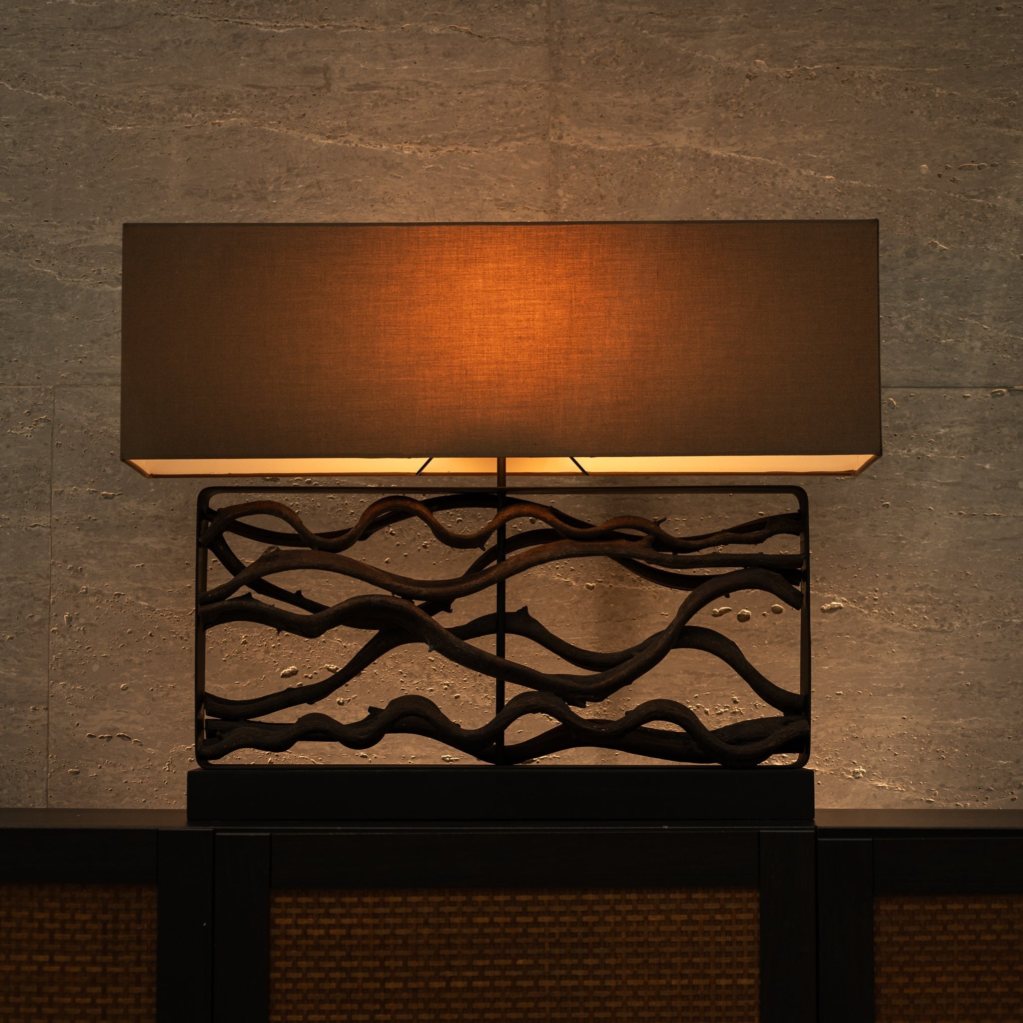 Naga Wave handcrafted table lamp made from dark natural vines with rectangular linen shade, modern organic lighting by Willow Tree Decor