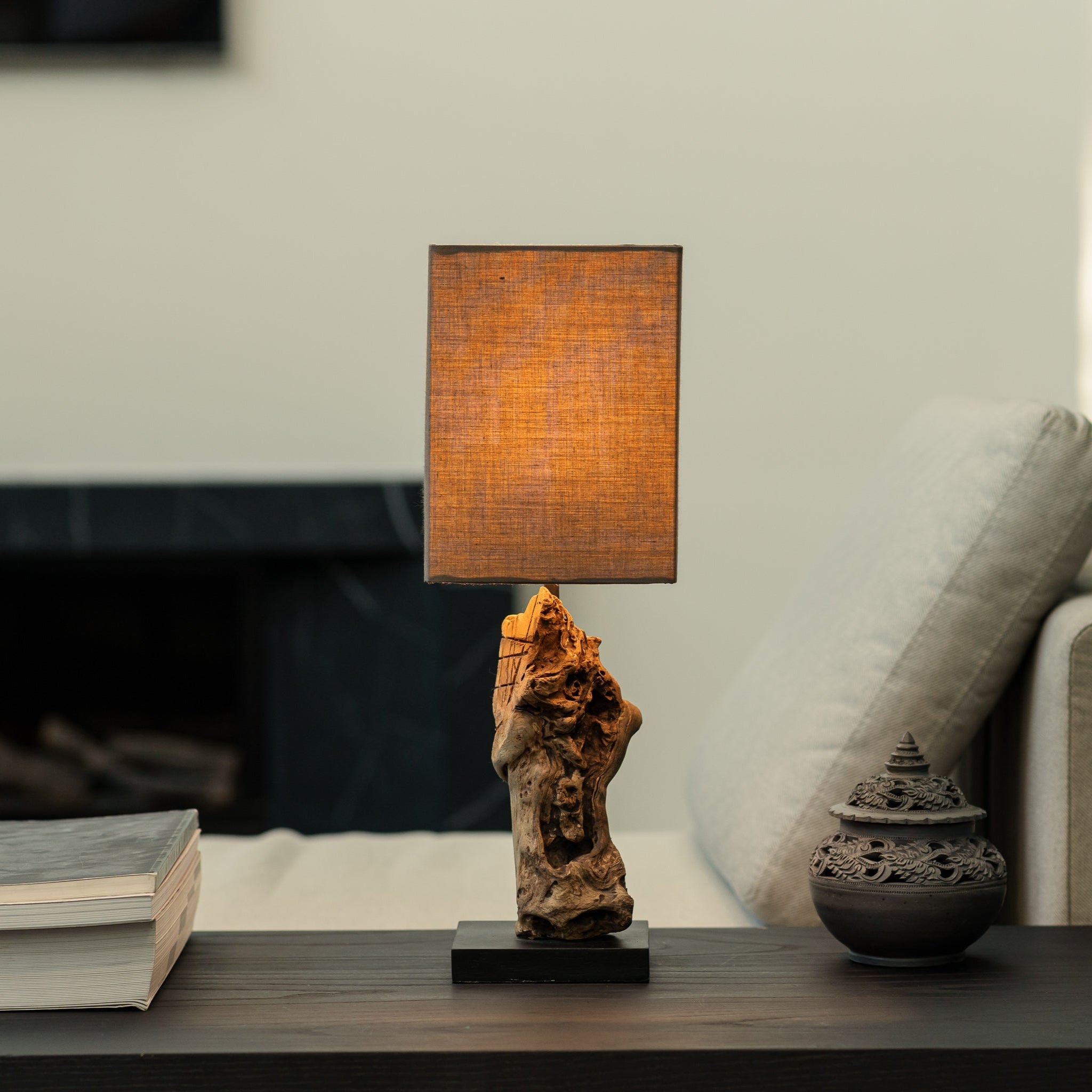 Zantra sculpted driftwood table lamp with rectangular dark linen shade, natural handcrafted lighting by Willow Tree Decor