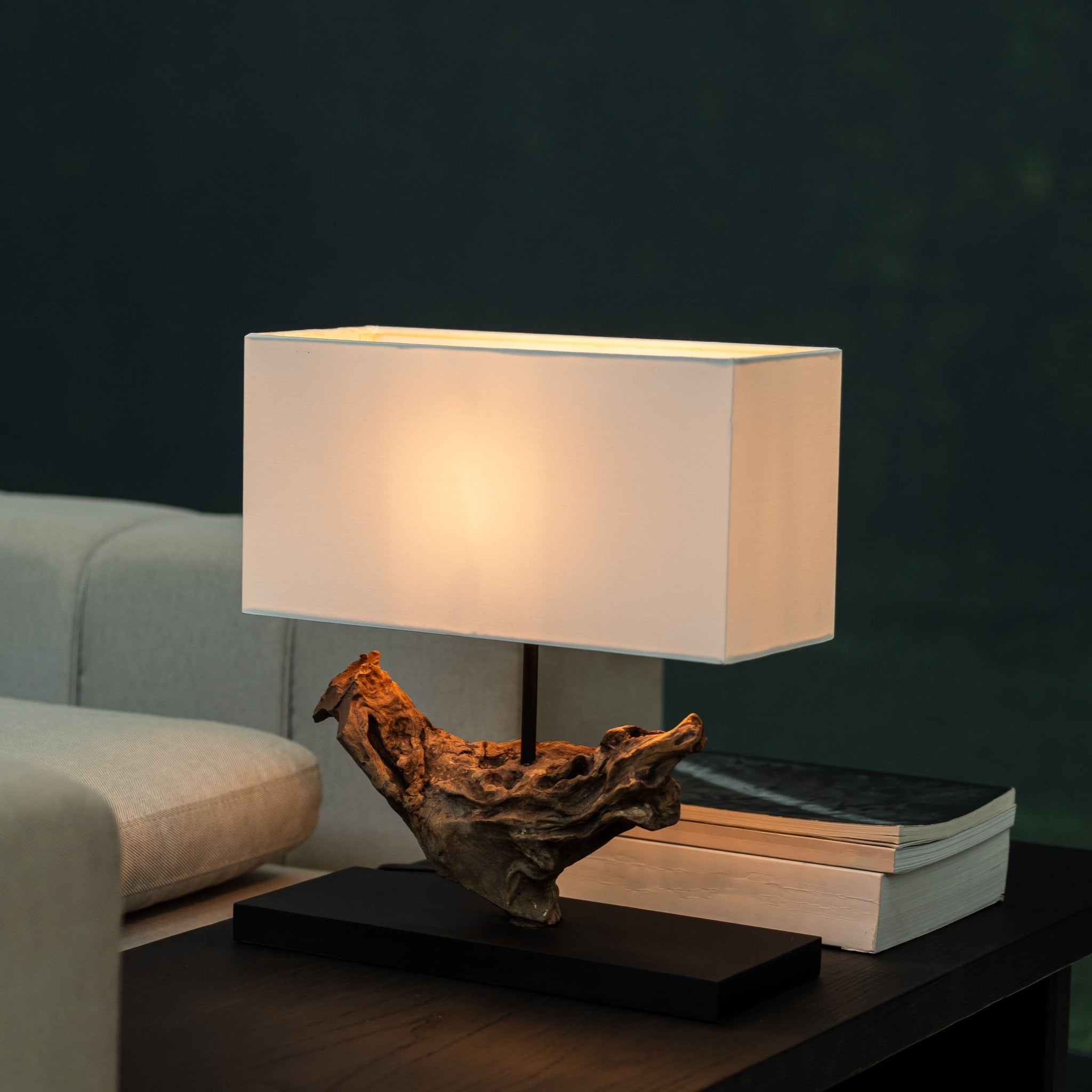 Zelara table lamp made from natural driftwood with rectangular linen shade, handcrafted lighting by Willow Tree Decor UK