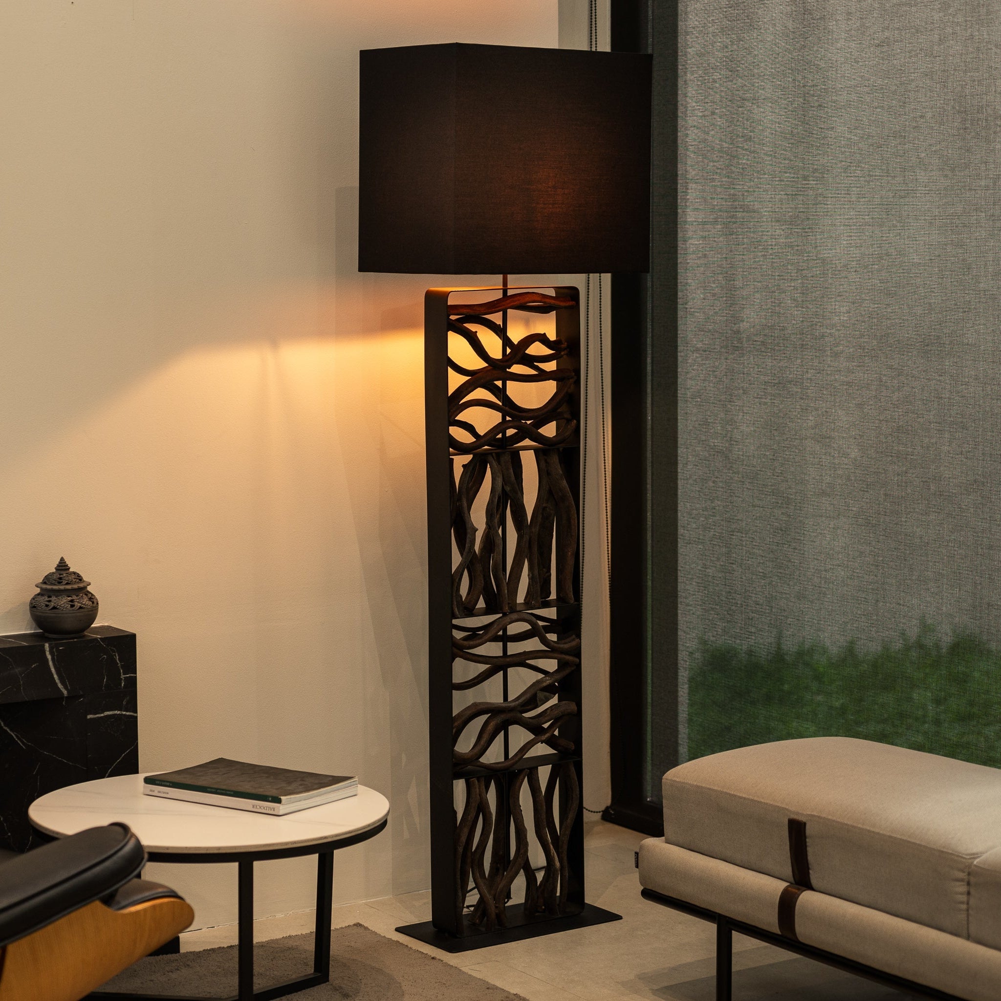 Pearl Mosaic floor lamp with sculpted natural vine frame and dark shade, handcrafted contemporary lighting by Willow Tree Decor