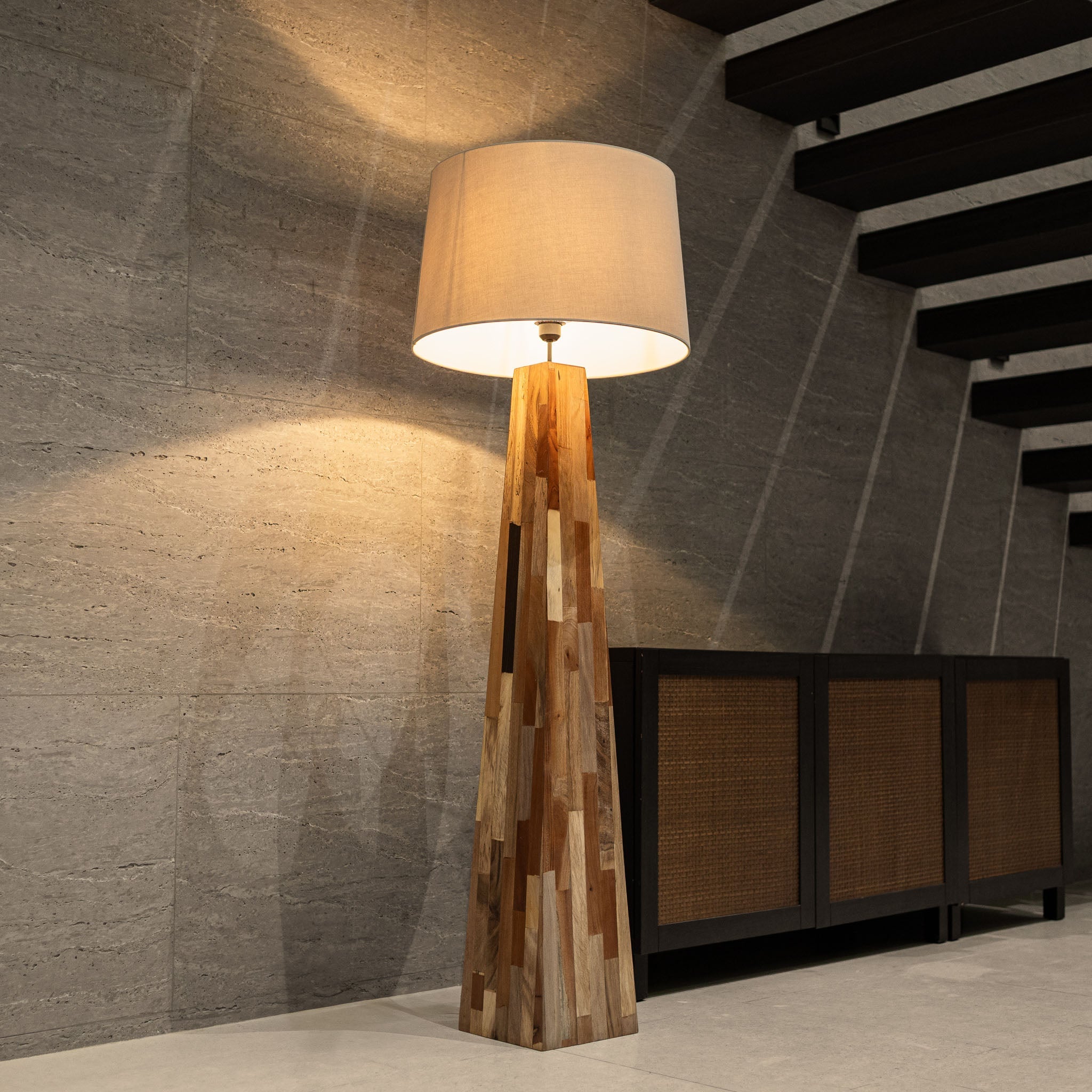Terracotta Tower floor lamp made from natural wood mosaic base with linen shade, handcrafted sculptural lighting by Willow Tree Decor