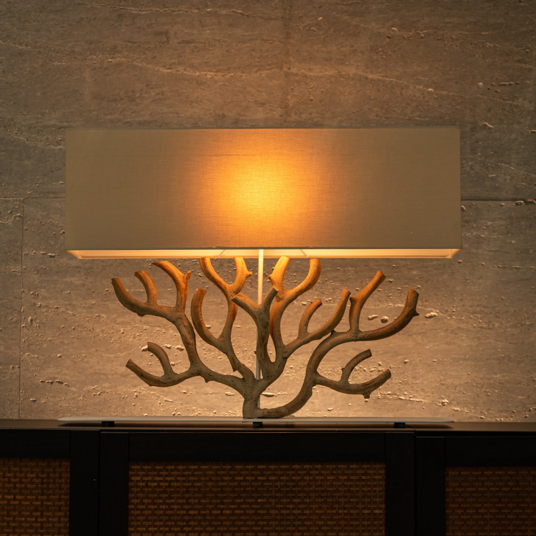 Natural driftwood coral table lamp with linen shade, artisan handcrafted organic lighting by Willow Tree Decor