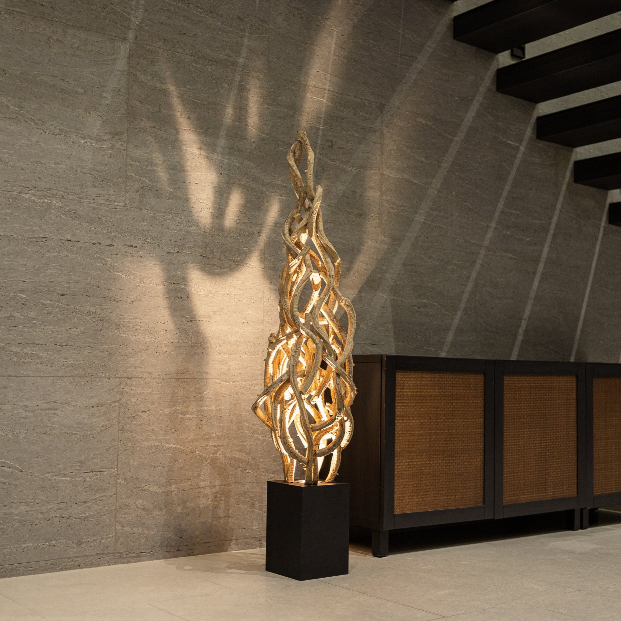 Elviona floor lamp made from natural lianas vines and reclaimed wood base, handcrafted lighting by Willow Tree Decor UK.