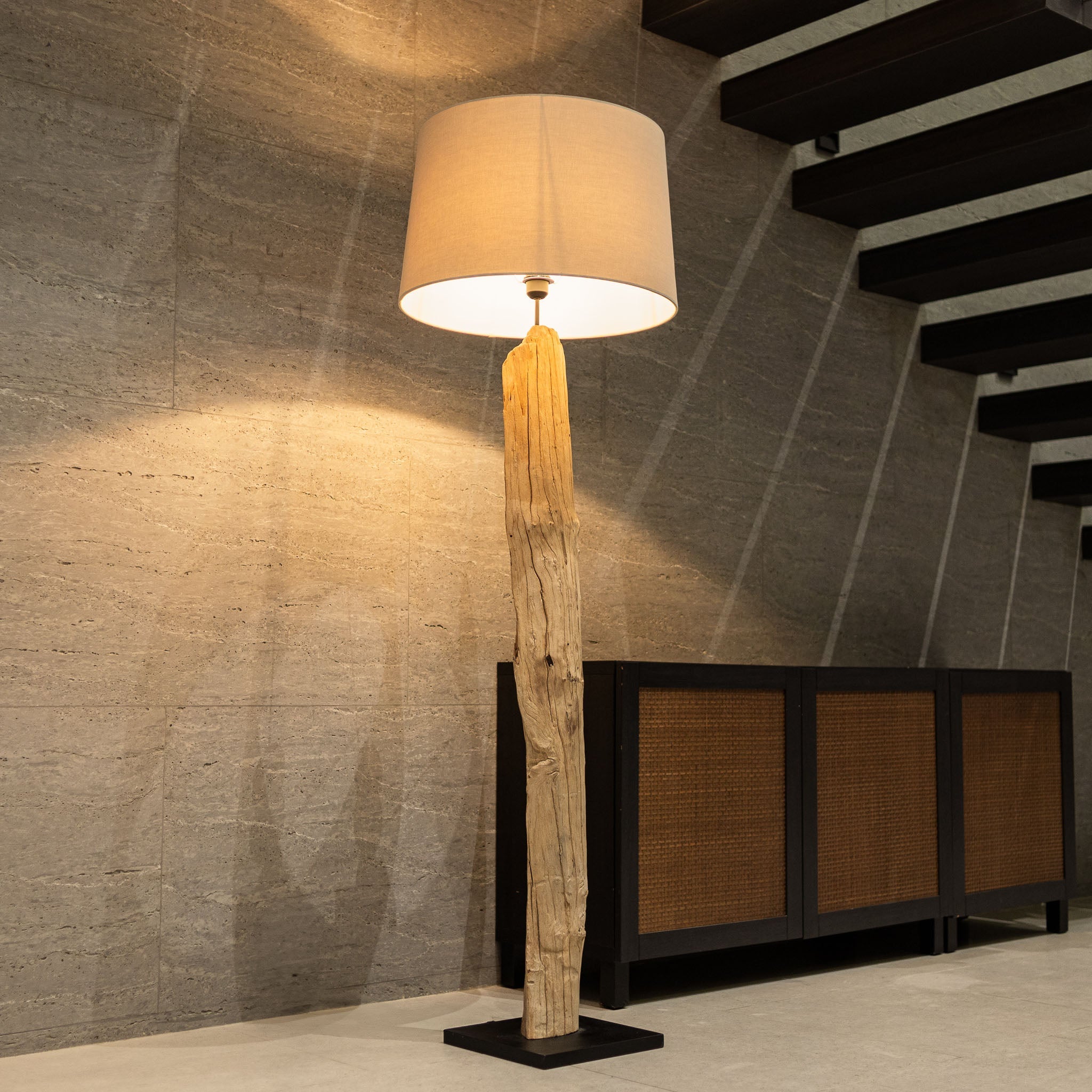 Nimara floor lamp with natural driftwood base and linen shade, handcrafted organic lighting by Willow Tree Decor