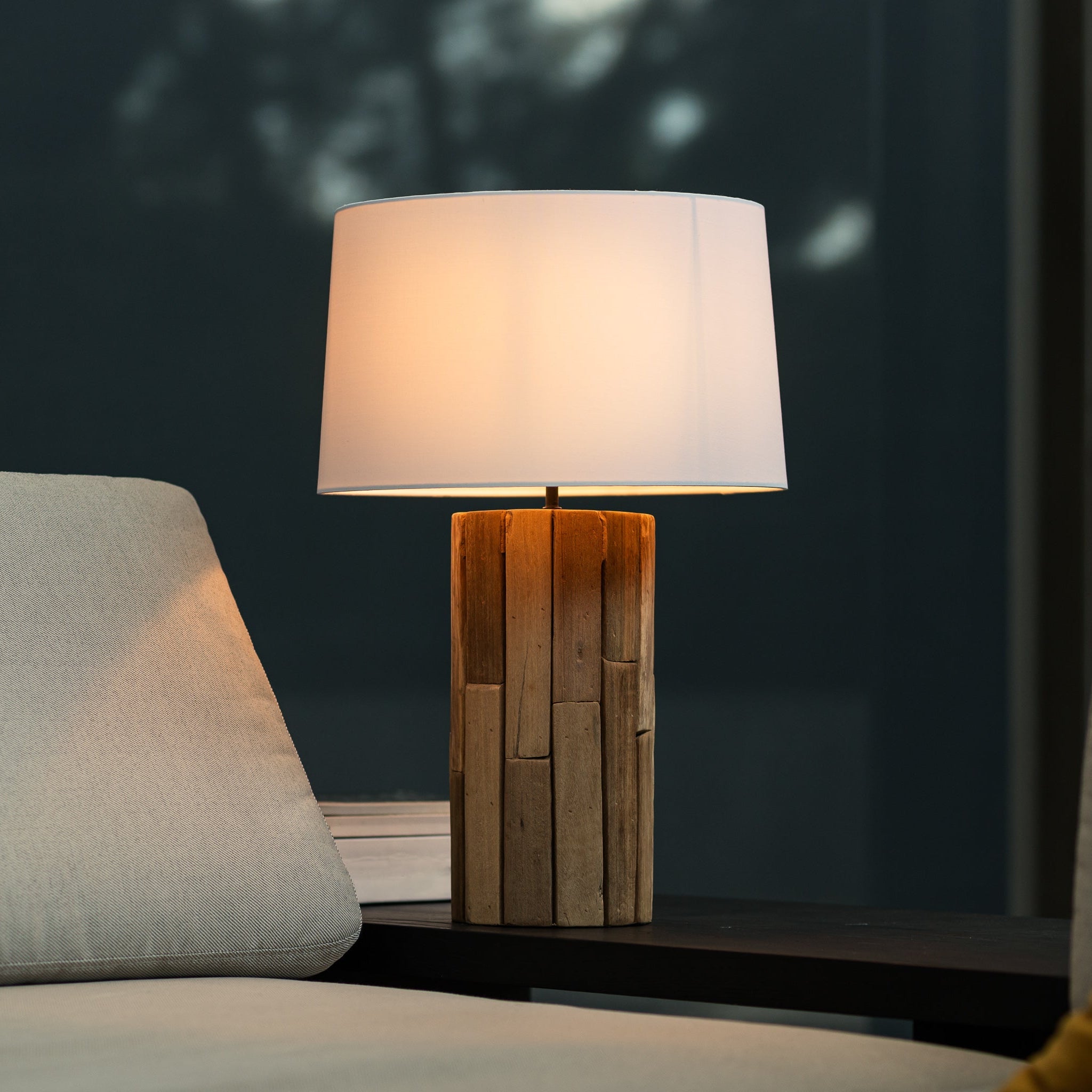 Bambara reclaimed wood table lamp with soft linen shade, artisan handcrafted lighting by Willow Tree Decor