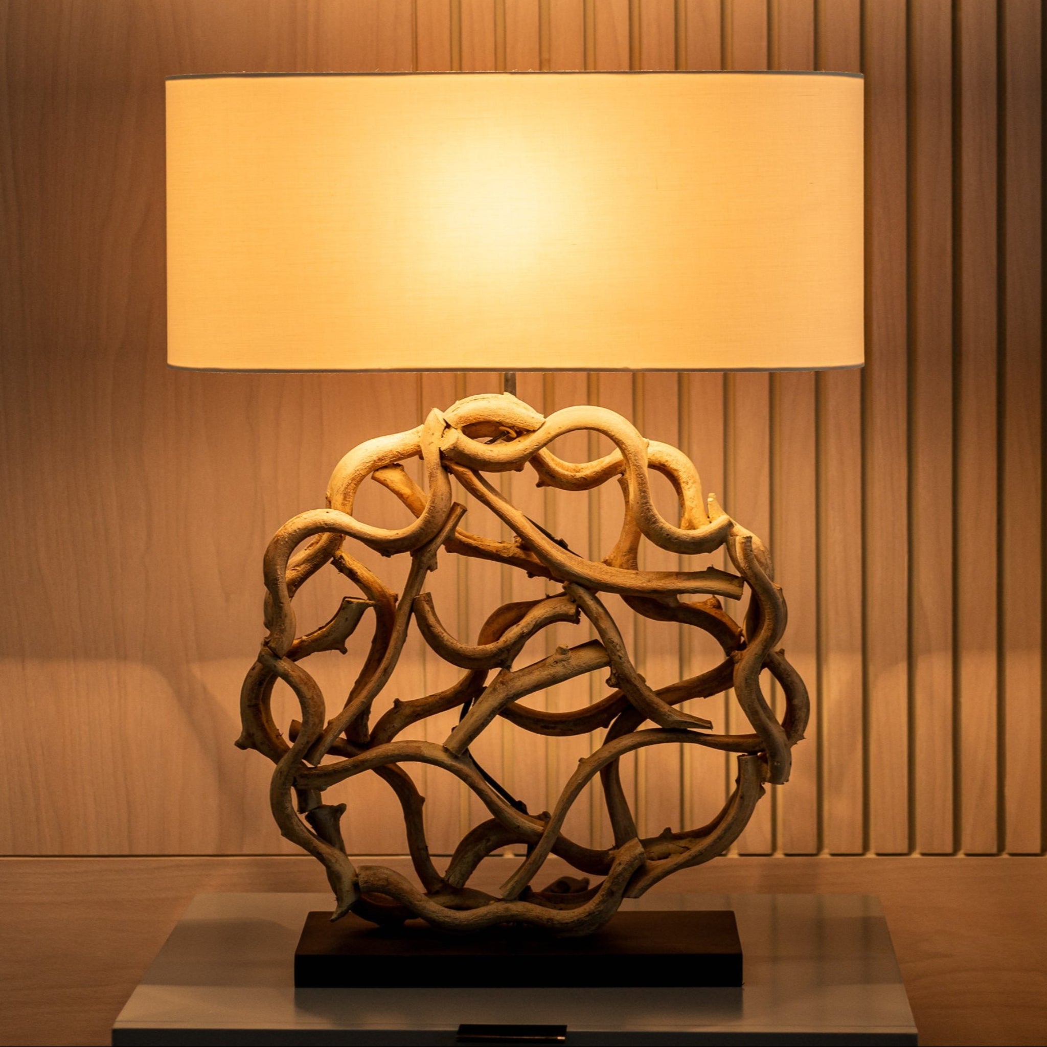 Golden Lotus table lamp with handcrafted lianas vine base and linen shade, sculptural organic lighting by Willow Tree Decor