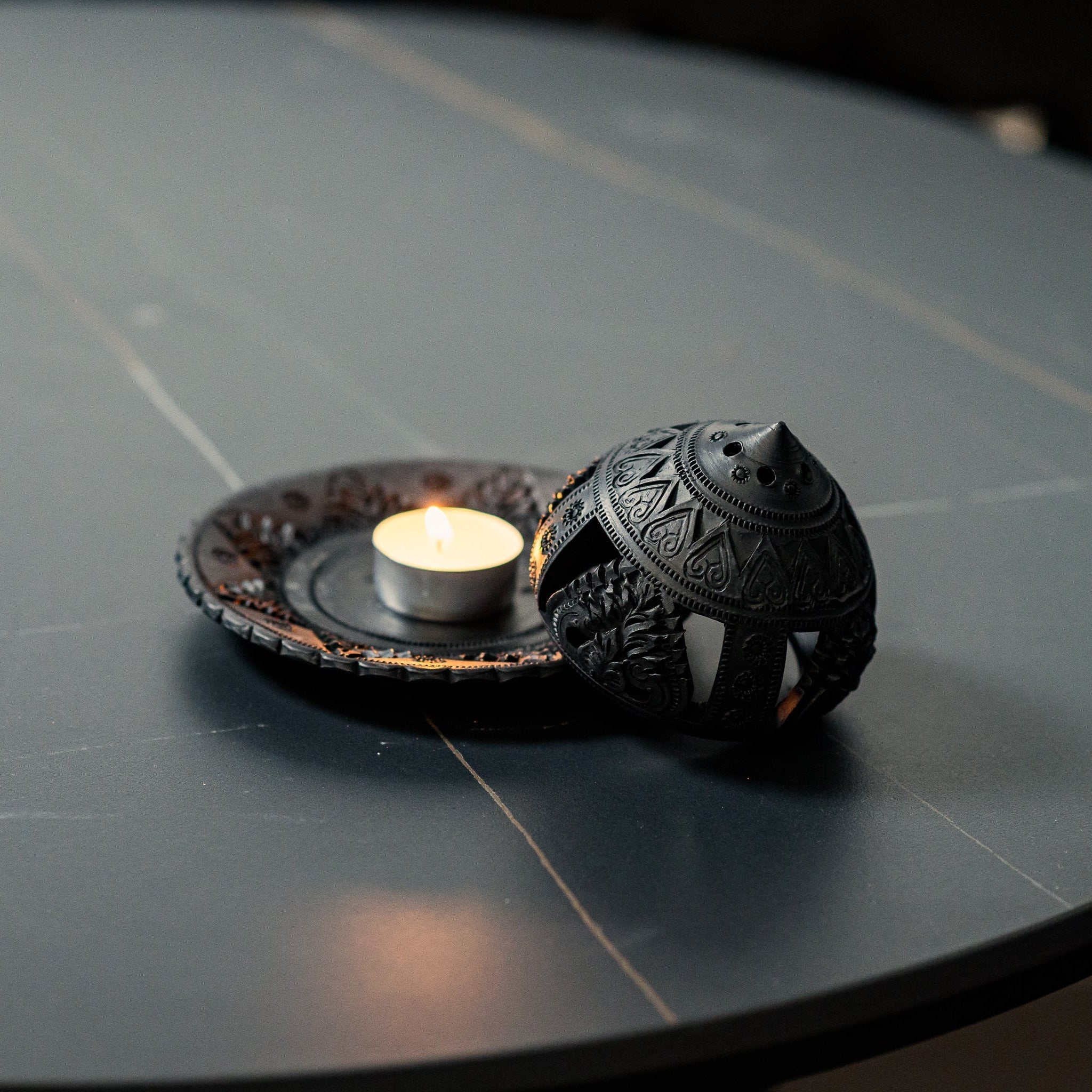 Handcrafted Black Tealight Holder with Plate - Willow Tree DecorCB264