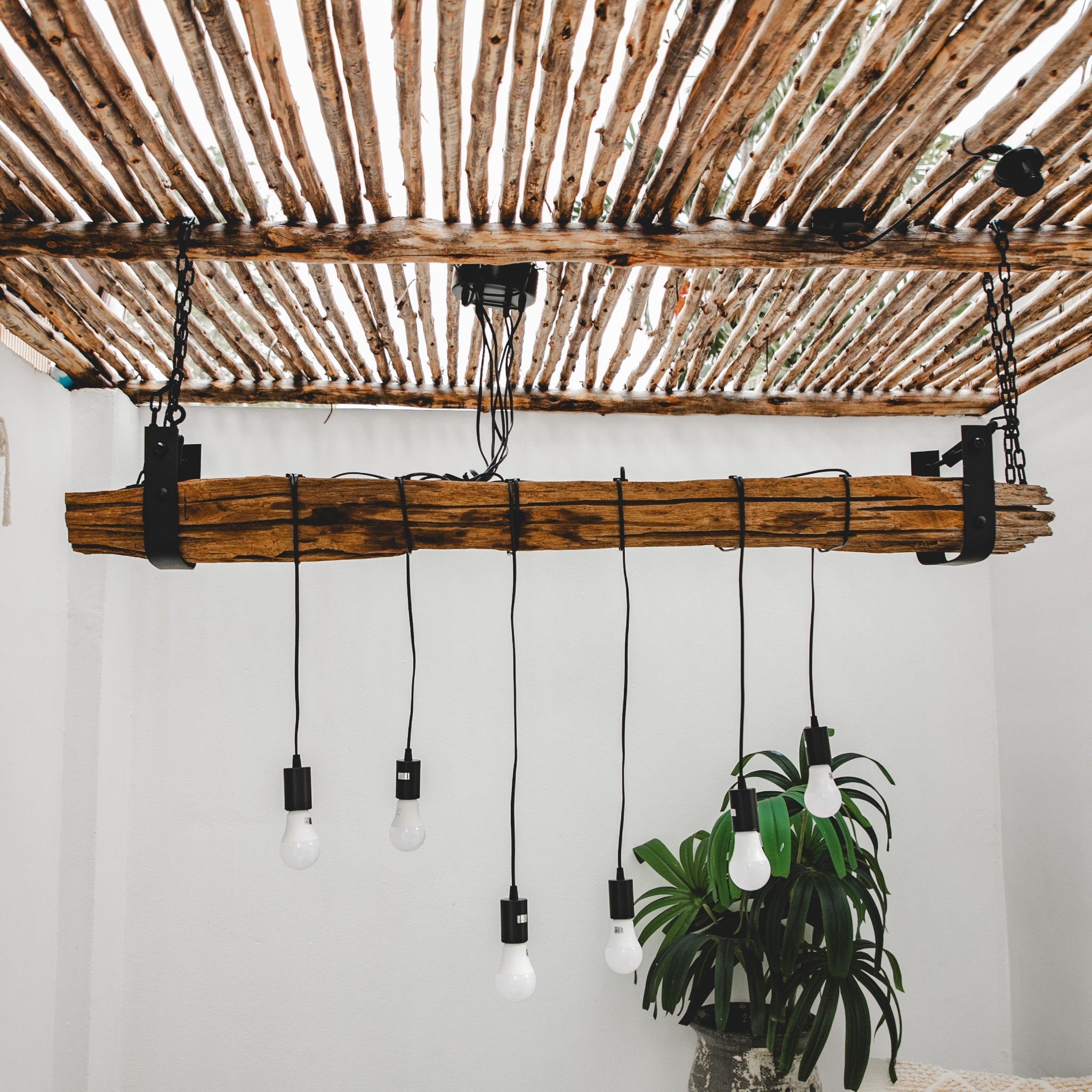 Seraphina chandelier made from reclaimed driftwood beam with hanging bulb lights, handcrafted organic pendant lighting by Willow Tree Decor